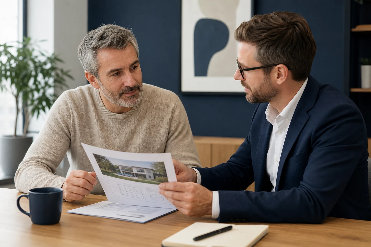 Un inversor conversa con un profesional mientras revisan un dosier inmobiliario