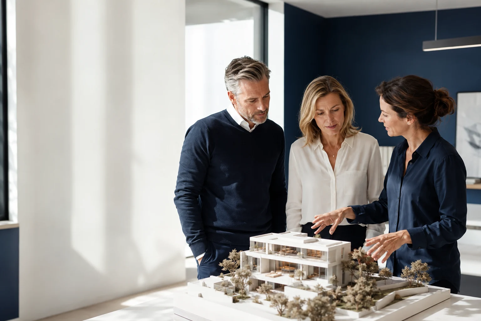 Inversores y una arquitecta comparten ideas alrededor de una maqueta residencial
