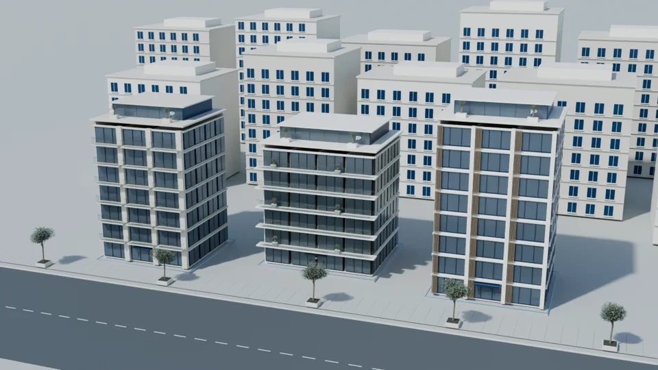 Escena 3D ilustrativa de edificios que representan un lote In&Out