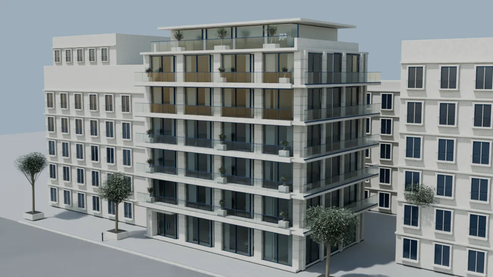 Representación arquitectónica ilustrativa de un edificio residencial