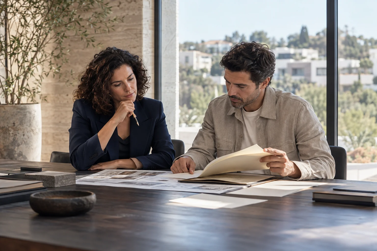 Dos personas revisando documentación inmobiliaria en una oficina
