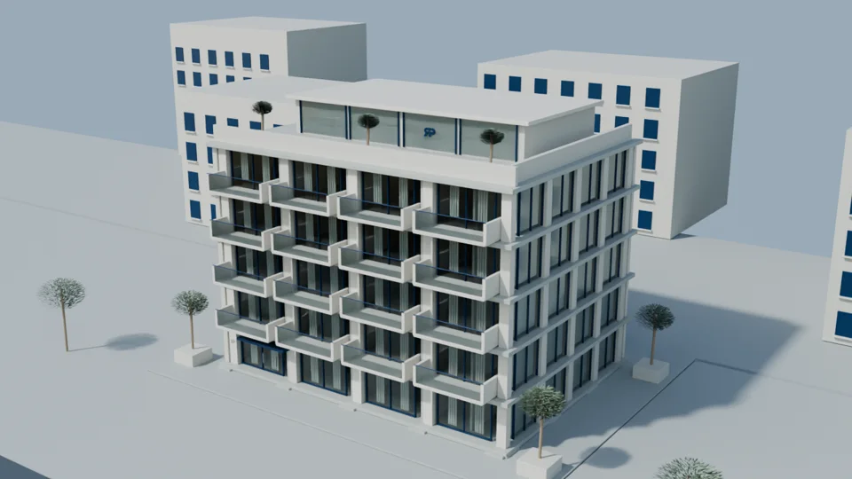 Escena 3D ilustrativa de una promoción residencial de Promociones Prime