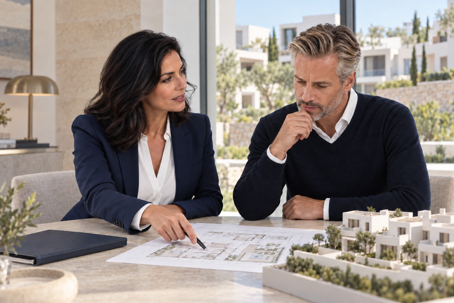 La vendedora y el cliente, personajes oficiales de RentPrivé, revisan una promoción residencial sobre plano